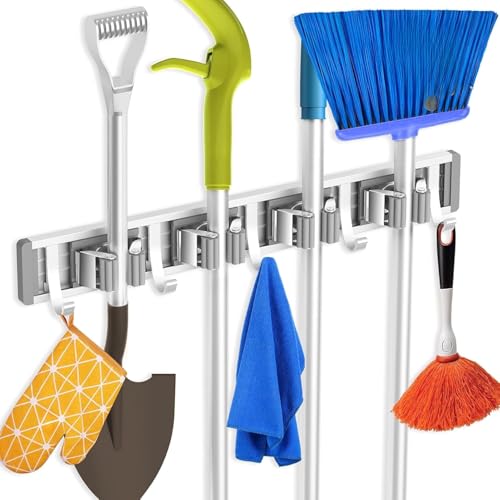 Image of JIALTO Broom Holder | Adujstable 4 Mop Stand with 5 Hook Broom Stick Holder Wall Mounted | Heavy Duty Broom Holder Wall Mounted Or Tool Organizer for Home Garden Garage and Storage (Silver)
