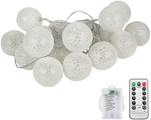 Livired Battery Led Fairy Lights 10FT 20 Pcs Cotton Ball String Indoor Fairy Lights with 8 Modes & Remote Control, for Christmas Wedding Party Home Outdoor Bedroom Decoration (White)