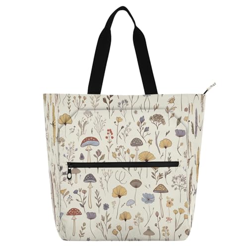 Wildflowers Mushrooms Book Tote Bag,Large Capacity Handbag with Zipper Perfect for School,Travel,Shopping