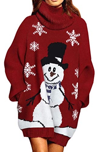 Pink Queen Women Oversize Turtleneck Santa Snowman Christmas Pullover Sweater Dress L Wine Red