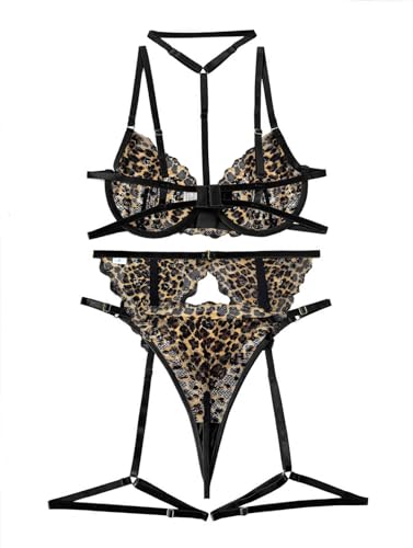 Image of Lilosy Sexy Choker Floral Lace Scallop Sheer Underwire Push Up Garter Belt Lingerie Set 3 Piece