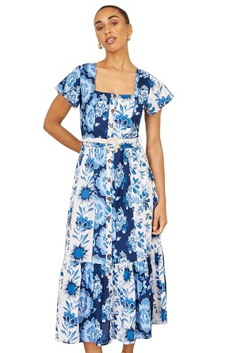 Image of Yumi Blue Floral Viscose Midi Shirt Dress with Matching Belt (UK, Numeric, 18, Regular, Regular, Blue)