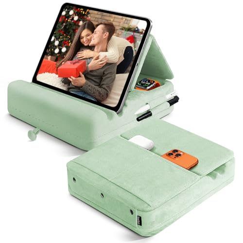 Image of Tablet Pillow Stand with Storage, Foldable iPad Holder for Lep, Bed, Sofa, and Desk - Soft Pad Dock with Pocket and Stylus Mount Compatible with 4-13 inch iPad Pro /Air /Mini, Galaxy Tab, Kindle