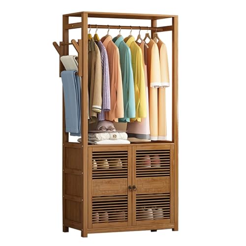 Tringle à vêtements en bambou avec armoire de chambre ouverte et porte-pantalons