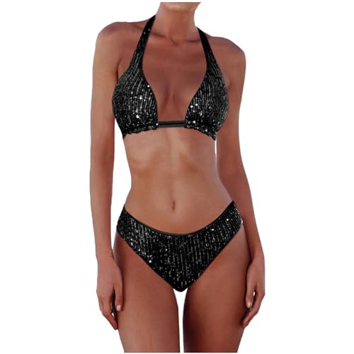 Costume Bikini Triangolo Multicolor con Paillettes Costume da Bagno Bikini A Triangolo Multicolore con Paillettes da Donna Bikini Donna Mare Fascia Brasiliano Sexy (Black, L)