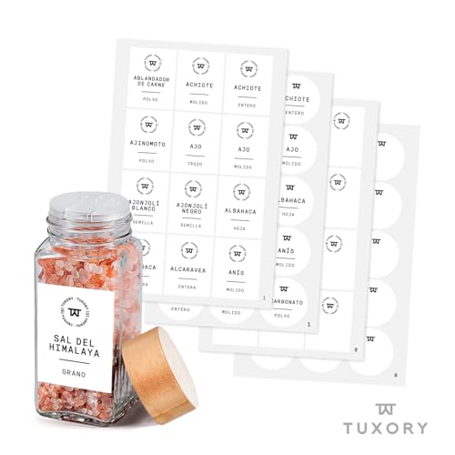Catálogo de Material para etiquetado que puedes comprar esta semana. 44 TUXORY Juego de 216 Etiquetas Adhesivas Impermeables en Español para Especieros de Cocina, ideal Especias y Condimentos, Etiquetas impresas mate Redondas y Cuadradas versión para...