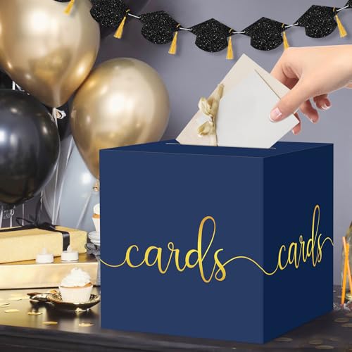Image of Hooqict Navy Blue Card Box with Slot 9.1 inch Gold Foil Gift Card Box for Party, Graduation, Wedding Reception, Birthday, Retirement, Baby Shower, Raffle Ticket Money Envelope Holder