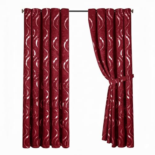 Opulent Dreams Room Darkening Curtains Thermal Insulated Eyelet w/Tie Backs Foil Printed Silver Wave Design Energy Efficient Drapes for Bedroom Set of 2 (Burgundy 46 x 54 (116 x 137 cm))