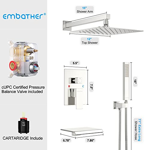 Embather Shower System With Waterfall Tub Spout Shower Faucet Set With 12 Inch Rain Shower Head Wall Mounted Shower Set Brushed Nickle (Contain Rough-In Valve Body And Trim) #TOP7