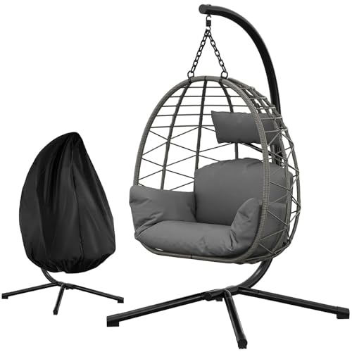 Hängesessel Mit Gestell Outdoor Bis 150 kg, Rattan Hängesessel Mit Metallgestell, Wetterfest PE-Rattan Hängesitz Mit Polster & Schutzabdeckung, Ideal Für Garten, Terrasse, Balkon, Wohnzimmer – Grau
