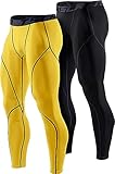 TSLA Men's Thermal Compression Pants, Athletic Sports Leggings & Running Tights, Wintergear Base Layer Bottoms, 2pack Tights Black&Charcoal/Yellow, Medium