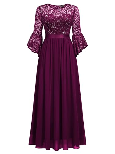 Image of Miusol Women's Formal Sparkle Sequin Lace Bell Sleeve Evening Party Maxi Dress