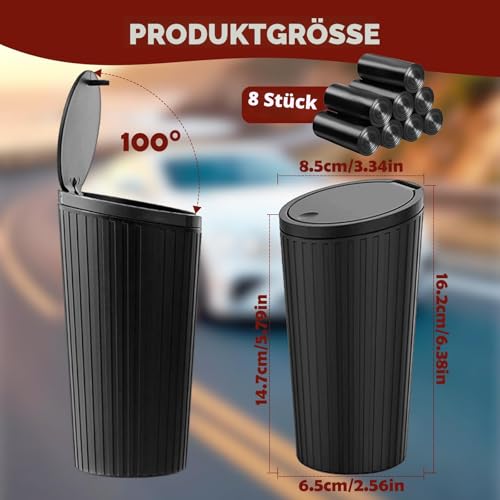 YAMAIDUO Auto Mülleimer mit Deckel, Kleiner Automülleimer mit 8 Rollen Müllbeutel, Wasserdicht Geruchshemmend Auslaufsicher Praktischer Mini Mülleimer, Auto Zubehör für Zuhause, Büro, Schwarz