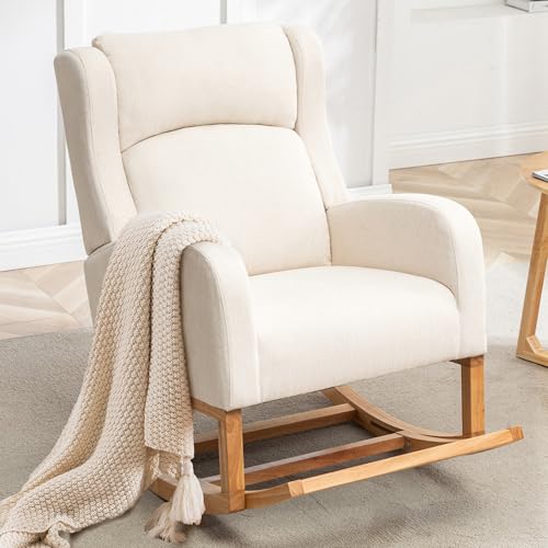 Image of HCHAIRH Rocking Chair Nursery, Nursing Rocking Chairs for Mom Nursery, Comfy Wingback Glider Rocking Armchair with Foot Rest and Side Pocket for Nursery Living Room Bedroom, Beige