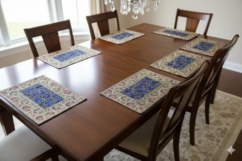Image of Brocade Silk Placemats for Dinning Table 12 x 18 Inches Hand Embroidered, Set of 6 Decorative Placemats for Home (Navy Blue)