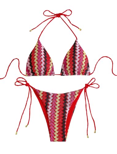 Image of ZAFUL 2 Piece Triangle Bikini for Women Knitted Rope Halter Bikini Sets Sexy Bathing Suit Side Tie Swimsuits Beachwear