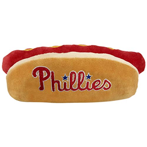 MLB Philadelphia Phillies Plush Dog Toys - Stadium Theme Snacks - Cutest Plush HOT-Dog Toy for Dogs & Cats with Inner Squeaker & Premium Embroidery of Baseball Team Name/Logo