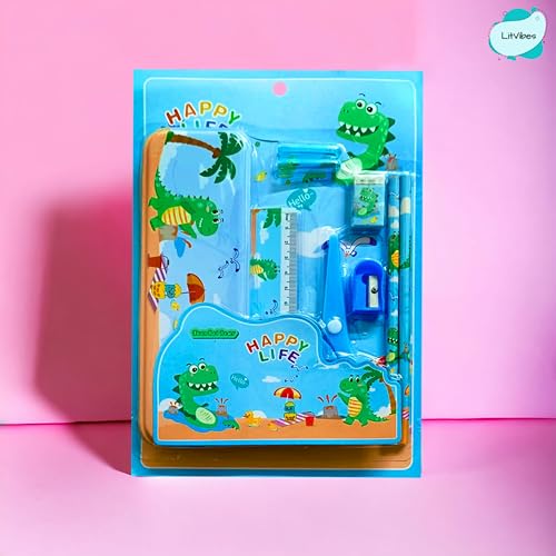 Image of Stationary Set Cute School Kit Good For Birthday Return Gift Educational Supplies For Kids-1*Steel Pencil Box,1*Plastic Scissor,2*Pencils,1*Sharpener,1*Eraser,2*Pencil Caps - Blue Dinasaur