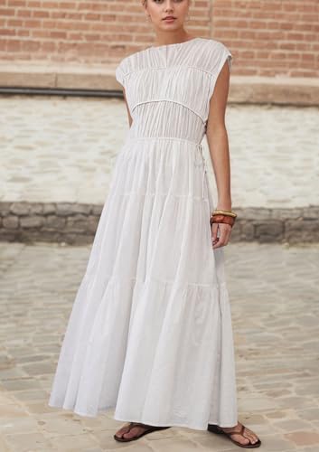 Image of calbatic Women Pleated Ruched Tiered Maxi Dress Sleeveless Patchwork Ruffle Hem A Line Flowy Summer Elegant Long Dress