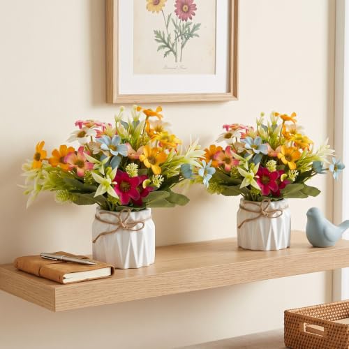 Image of Dekorly Artificial Lavender Plant in White Pot, 18cm - Realistic Faux Flower Arrangement for Home & Office Decor (Set of 1) (2, Gerbera Daisy Flower)