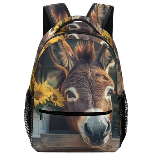 Funny Farmhouse Donkey Sunflowers Funny Backpack Casual Daypack Lightweight Shoulders Bag for Men Women Cute Print