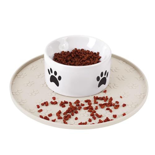 Silicone Pet Food Mat - Waterproof Dog Food Bowl Mat Cat Feeding Mat Thicker Pet Placemat Eating Mat with High Lip to Prevent Spills, Dog Cat Water Bowl Mat for Messy Drinkers to Protect Floors, Beige