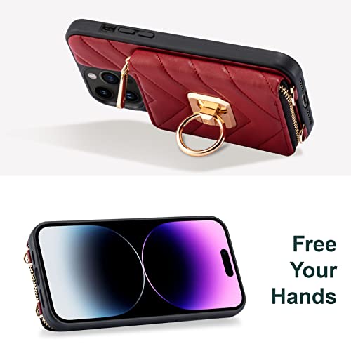 Lameeku Compatible With Iphone 13 Pro Max Case Wallet, Card Holder Case With Ring Kickstand Crossbody Purse Case Quilted Leather Rfid Case Compatible With Iphone 13 Pro Max, 6.7Inch-Burgundy #TOP4