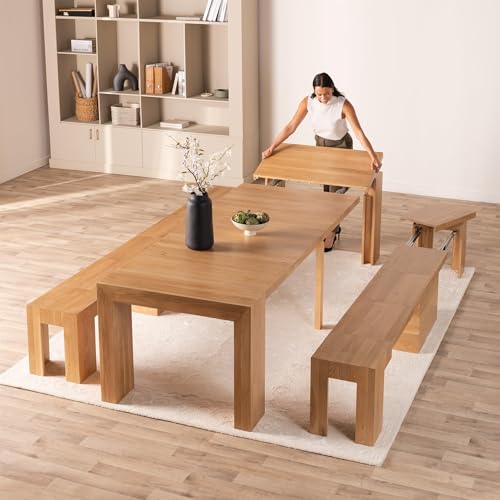 Transformer Table - Solid Wood Extendable Dining Table with 2 Benches, Seats 2-12, Expandable Table, Space-Saving Furniture, Expandable Furniture, Scandinavian Oak, Natural Finish (Table + 2 Benches) - image 1