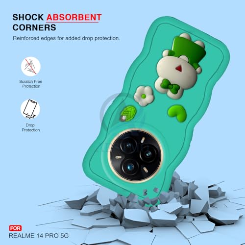 Image of AESTMO Back Case Cover for Realme 14 Pro 5G | 3D Cute Fun Cartoon Characters | Anti Slip Grip Cute Wave Curly Frame Shape | Back Cover for Realme 14 Pro 5G (Green)