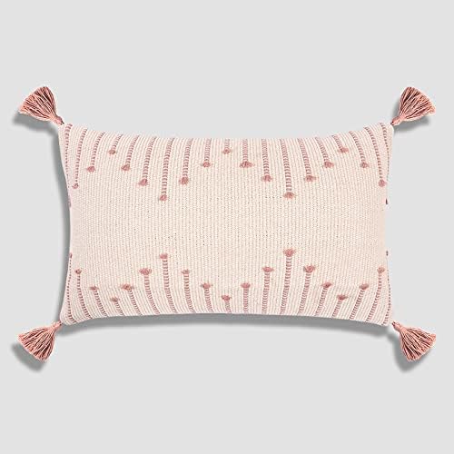 Sungea Farmhouse Pink Lumbar Throw Pillow Cover, Decorative Throw Pillow Case Tribal Geometric Tufted Tassels Woven Cushion Cover Accent Neutral Collection for Couch Living Room (12 x 20 inch, Pink)…