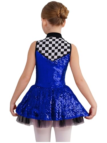 Girls Sparkle Racing Cheer Leader Uniform Sleeveless Checkered Leotard Tutu Skirt Royal Blue 10 Years2