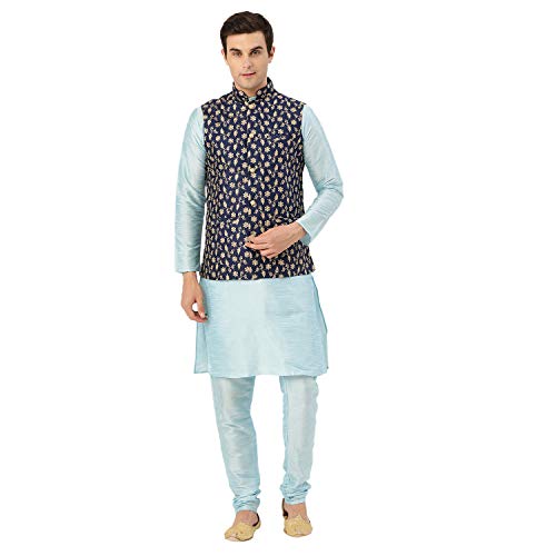 Image of SOJANYA (Since 1958 Men's Silk Blend Sky Blue Kurta Pyjama & Navy Nehrujacket Combo Size 42