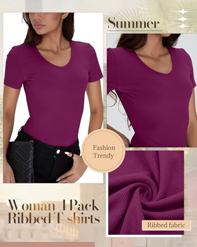 Neer 4 Pack Women's V Neck T-Shirts Cotton Short Sleeve Ribbed Slim Fit Tops Casual Summer Basic Tee Multipack3