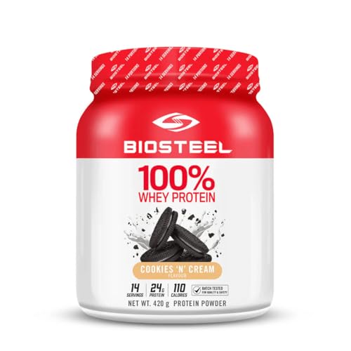 BIOSTEEL Sports 100% Whey Protein Powder, rBGH Hormone Free and Non-GMO Post Workout Formula, Cookies & Cream Flavour, 14 Servings, Brown