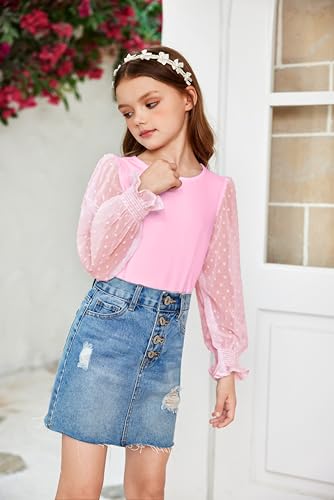 Image of Arshiner Girls Long Sleeve Shirt with Ruffle Cuffs Polka Swiss Dots Kids Girls Pullover Shirts Cute Crewneck Girls Top