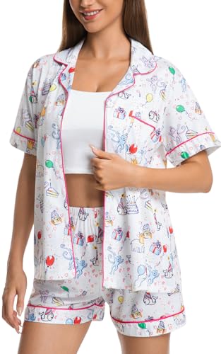 Womens Pajamas Set Button Down 2 Piece Cute Monkey Bunny Y2k Preppy Heart Pjs Sets Lounge Comfy Sleepwear4