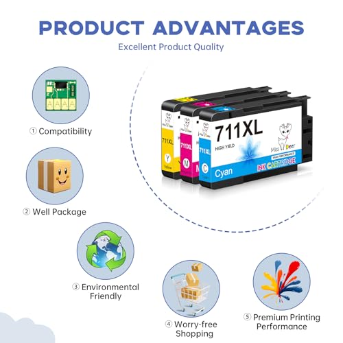 Image of Miss Deer 3 Pack 711XL Color Ink Cartridges High Yield Compatible Replacement Ink for HP 711 711XL Ink,Work for HP Designjet T120 T520 24-in T520 36-in Printer(Cyan,Magenta,Yellow)