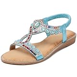 iCKER Women Rhinestone Sandals T-Strap Buckle Bohemian Pearl Crystal Flat Sandals-PD14-Blue-8.5