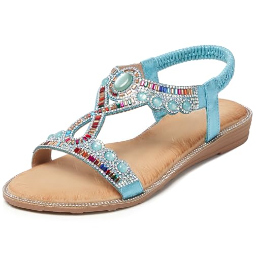 Image of iCKER Womens Rhinestone Strappy Flat Sandals Elastic Ankle Strap Open‑Toe | Sparkling,for wedding,party,evening dates,special occasion,Vacation,Formal