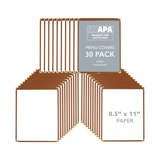Image of Ilyapa Clear Menu Covers, 8.5x11 Inch - 30 Pack, Saddle Brown Faux Leather | 2-View Single Page Design, Durable PVC Plastic Sheet Protector, For Restaurant Menu Display, Double-Stitched Edges