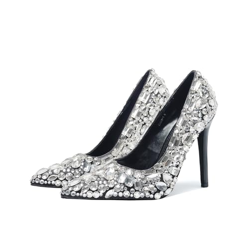 Women's Rhinestone Pointed Toe Pumps Slip On Stiletto Heels 4.3IN Nightclub Party Wedding Dress Shoes3