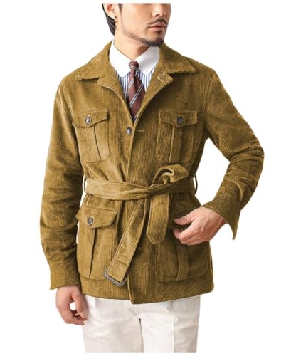 HZUOU Men's Casual Corduroy Safari Jacket Slim Fit Button Down Blazer Coat for Business Belted Outdoor Trucker Jacket UOU39