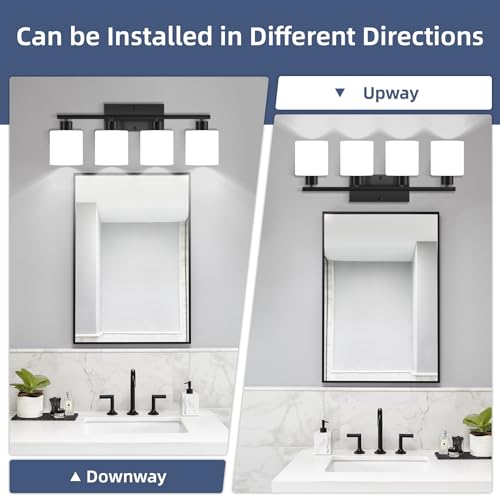 Image of SILAMPDI Black Bathroom Light Fixtures Over Mirror, 4-Light Vanity Lights for Bathroom, Modern Wall Sconces Lighting for Bedroom Living Room, Milky White Glass Shades, E26 Base, Bulbs Not Included
