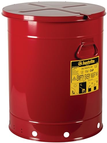Justrite 21 Gallon Galvanized Steel Oily Waste Can, 23.5" x 18" Metal Oil Rag Safety Can with Hand Operated Self-Closing Lid for Oil Rag Disposal, Made in The USA, Red, 09710