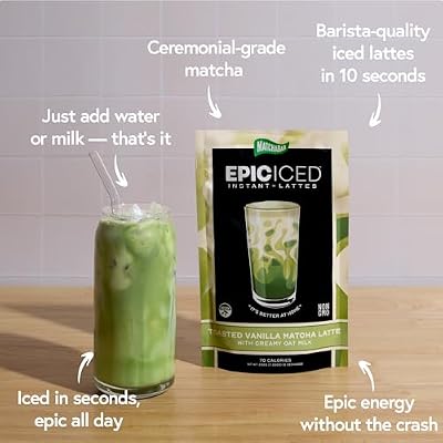 Matchabar Epic Iced Instant Latte Powder | Toasted Vanilla Matcha w/Oat Milk Base | Low Sugar, Non-Diary & Vegan Instant Iced Matcha Powder | Barista-Quality Creamy Latte Mix | 10 Servings
