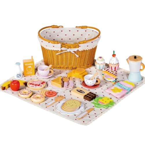 Image of Wooden Toy Picnic Basket, 47 Piece Play Food Set for Boys & Girls 3+