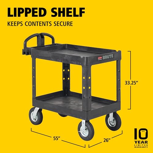 Rubbermaid Commercial Products BRUTE Heavy Duty 2-Shelf Utility/Service Cart, Medium, Lipped Shelves, Ergonomic Handle, Pneumatic Casters, 500 lb Capacity, Black, for Warehouse/Garage/Cleaning/Office by Rubbermaid Commercial Products - Image 7