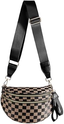 Black and White Checkered Crossbody Bum Bag for Women - Spacious Checkered Purse Fanny Pack and Slin...