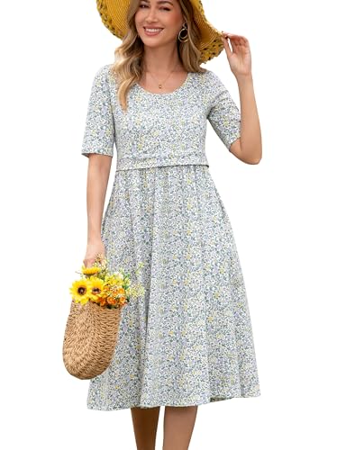 Image of QINYI Women's Nursing Dresses Breastfeeding Comfortable Cotton Midi Breastfeeding Dress with Pockets