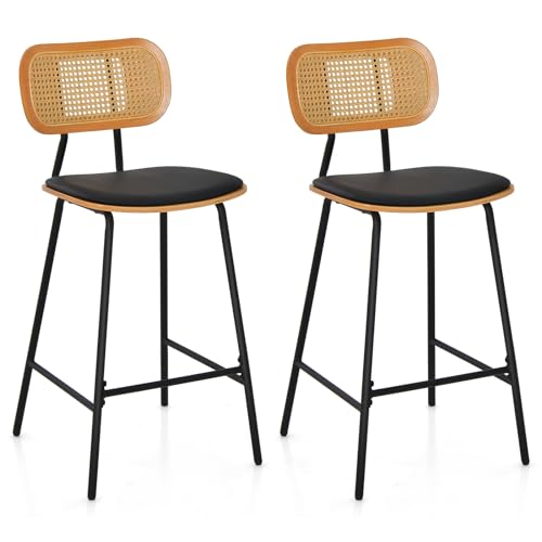 COSTWAY Tabourets de Bar Lot de 2 en Métal, Siège en Simili Cuir, Chaise Haute Bar Hauteur d’Assise 65,5cm, Dossier Design Cannage, Tabouret Cuisine...